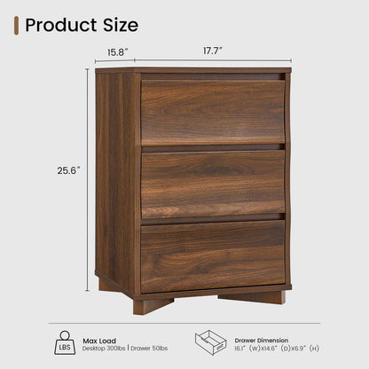 SUSSRICH | Brown Nightstand, Night Stand with 3 Drawers,Large Storage, Silent Slides, Wooden End Side Table