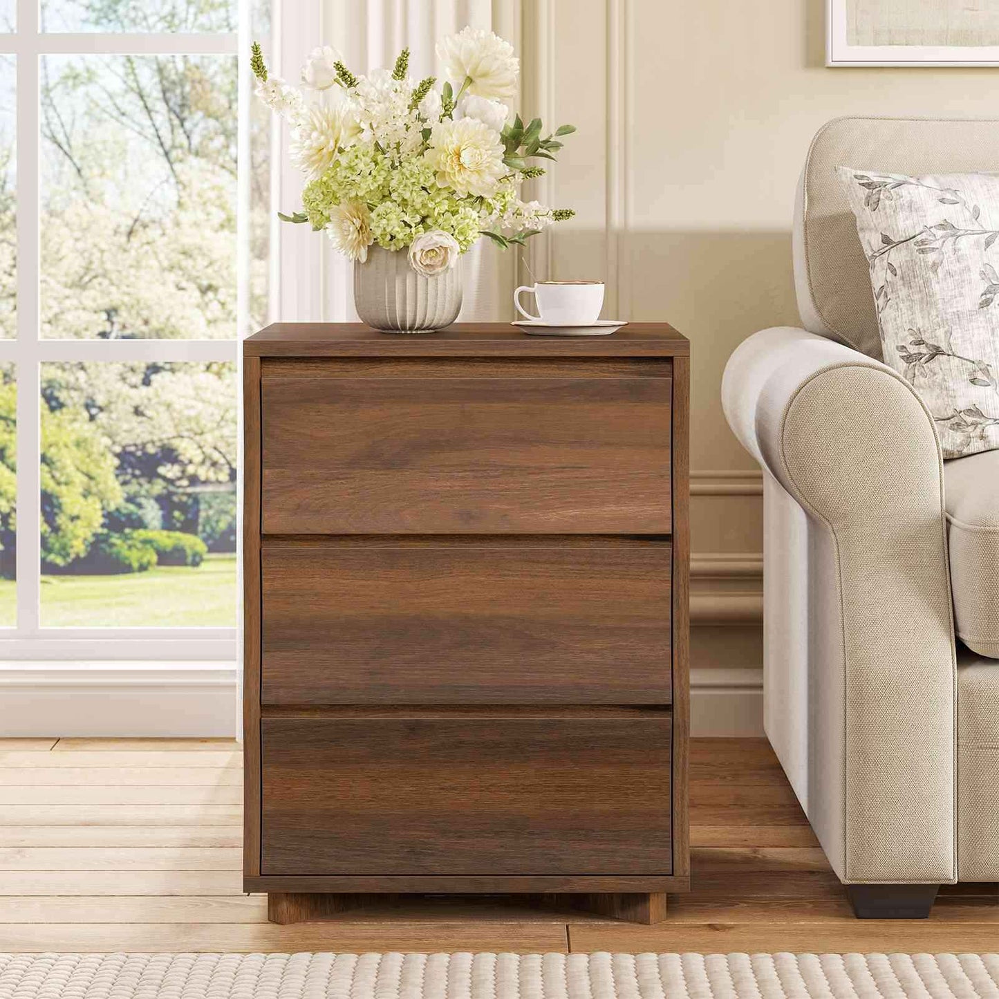 SUSSRICH | Brown Nightstand, Night Stand with 3 Drawers,Large Storage, Silent Slides, Wooden End Side Table
