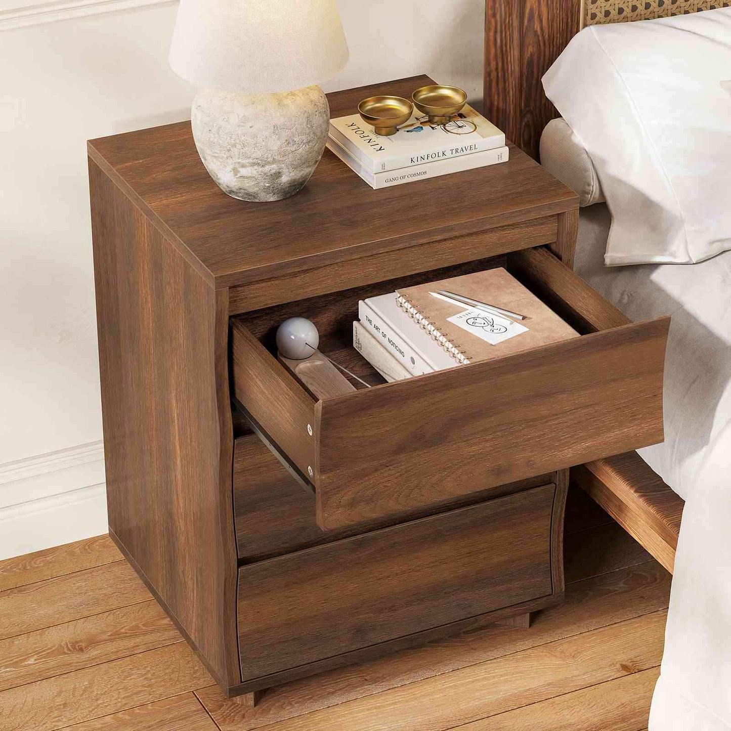 SUSSRICH | Brown Nightstand, Night Stand with 3 Drawers,Large Storage, Silent Slides, Wooden End Side Table