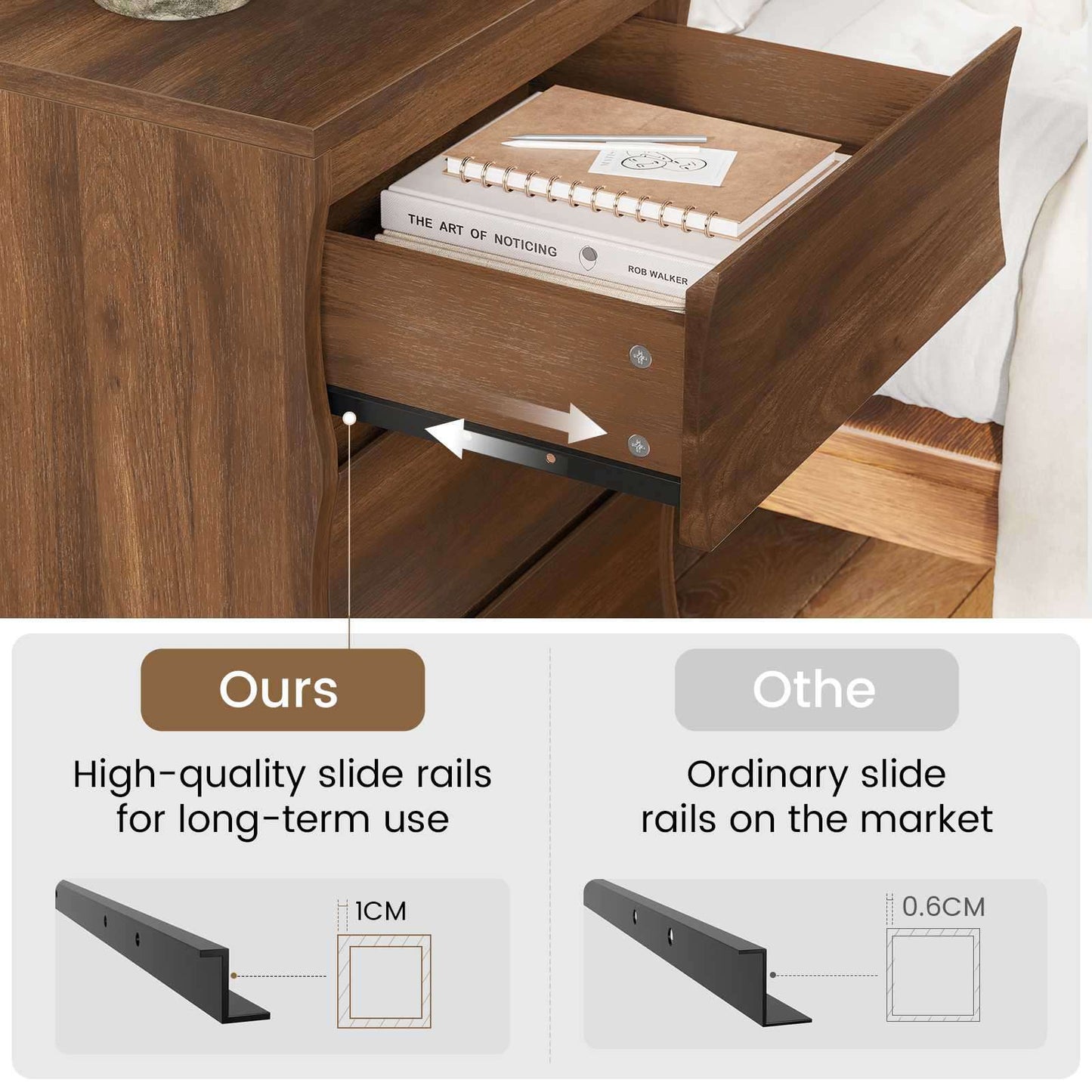 SUSSRICH | Brown Nightstand, Night Stand with 3 Drawers,Large Storage, Silent Slides, Wooden End Side Table