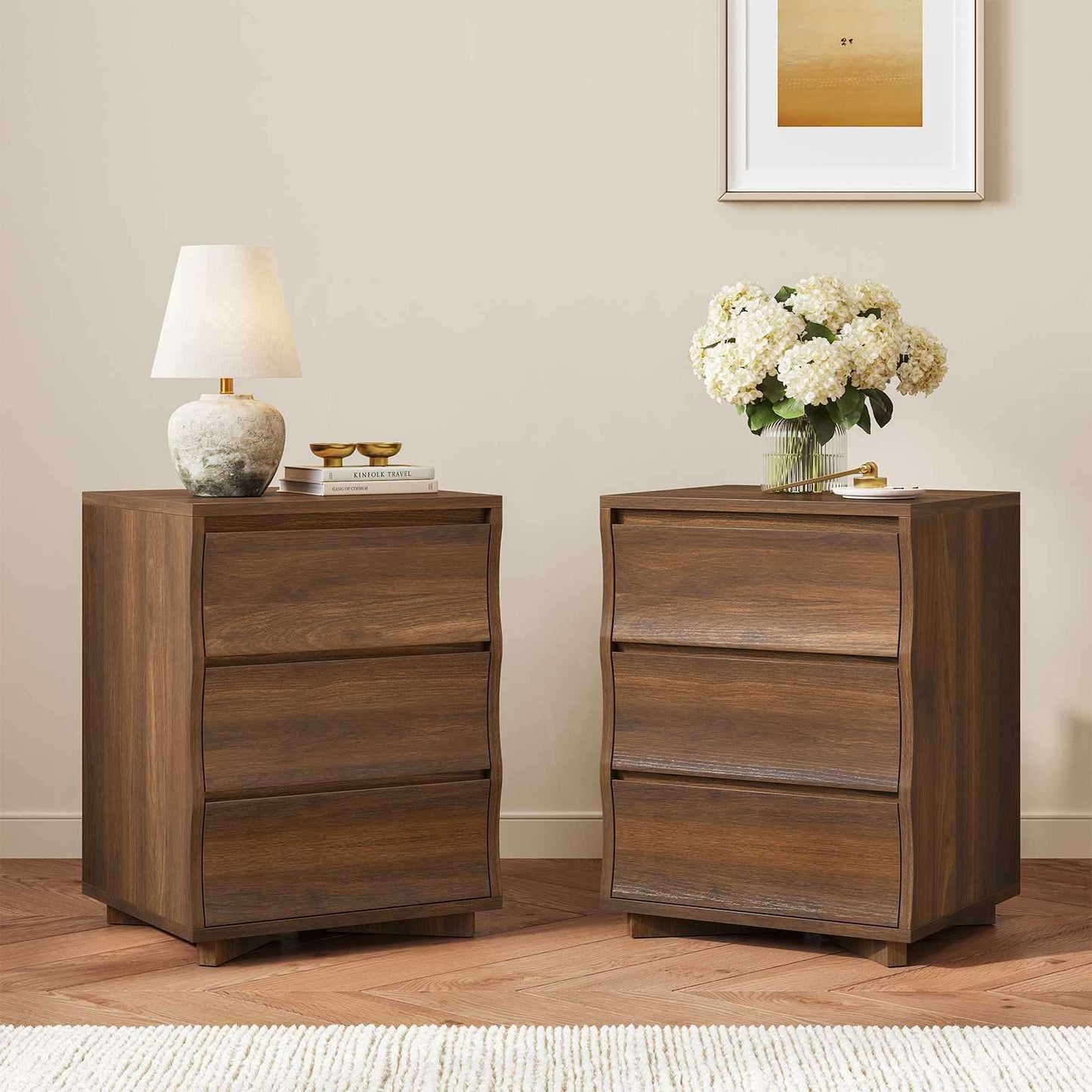 SUSSRICH | Brown Nightstand, Night Stand with 3 Drawers,Large Storage, Silent Slides, Wooden End Side Table