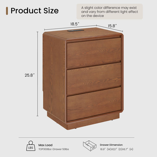 SUCSSRICH 25.8 Inch Solid Wood Nightstand with 3 Drawers & Charging Station – Mid Century Modern Bedside Table with Storage, Natural Wood End Table for Bedroom & Office – Brown
