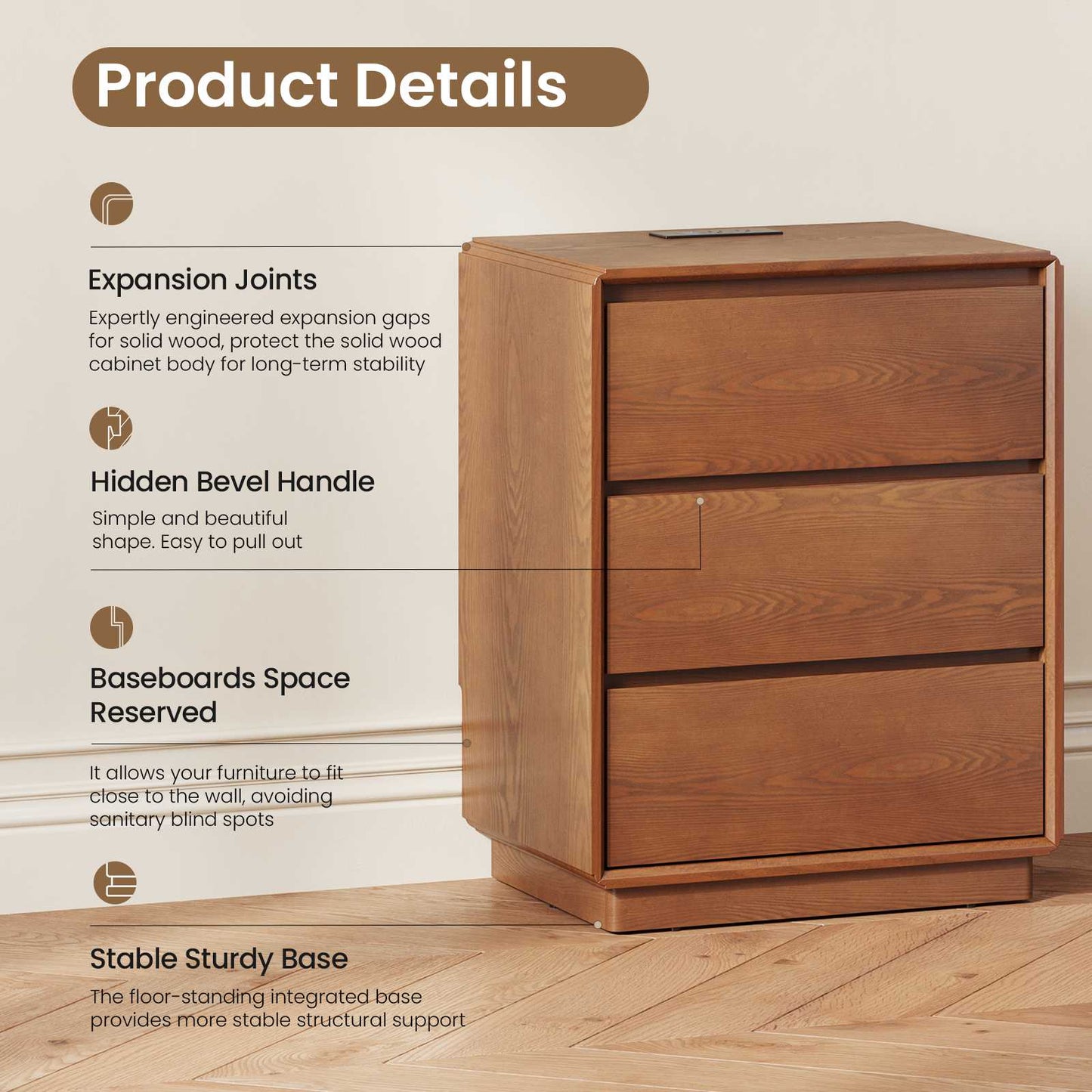 SUCSSRICH | 25.8''Solid Wood Nightstands with Charging Station – Mid Century Modern Bedside Tables with 3 Drawers