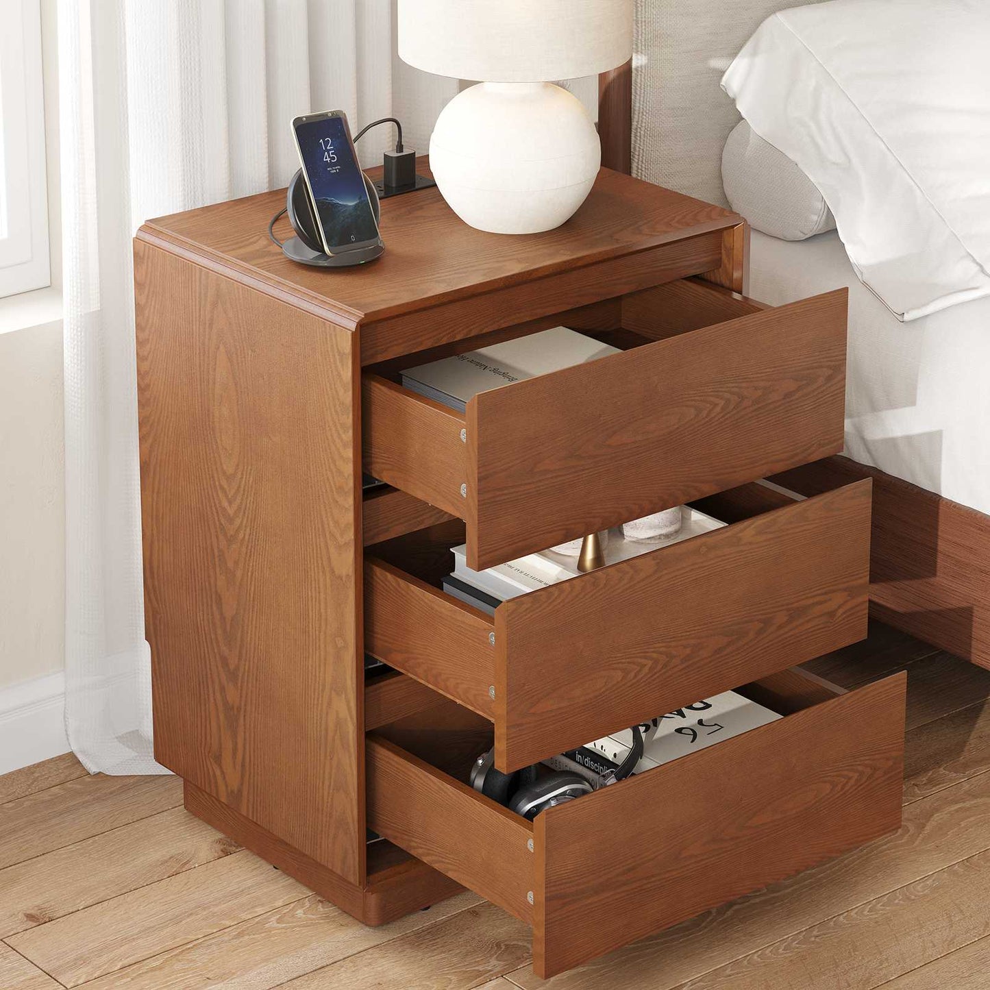 SUCSSRICH | 25.8''Solid Wood Nightstands with Charging Station – Mid Century Modern Bedside Tables with 3 Drawers