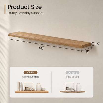 SUCSSRICH | 48 Inch Solid Wood Floating Shelves, Natural Wall Shelves for Living Room