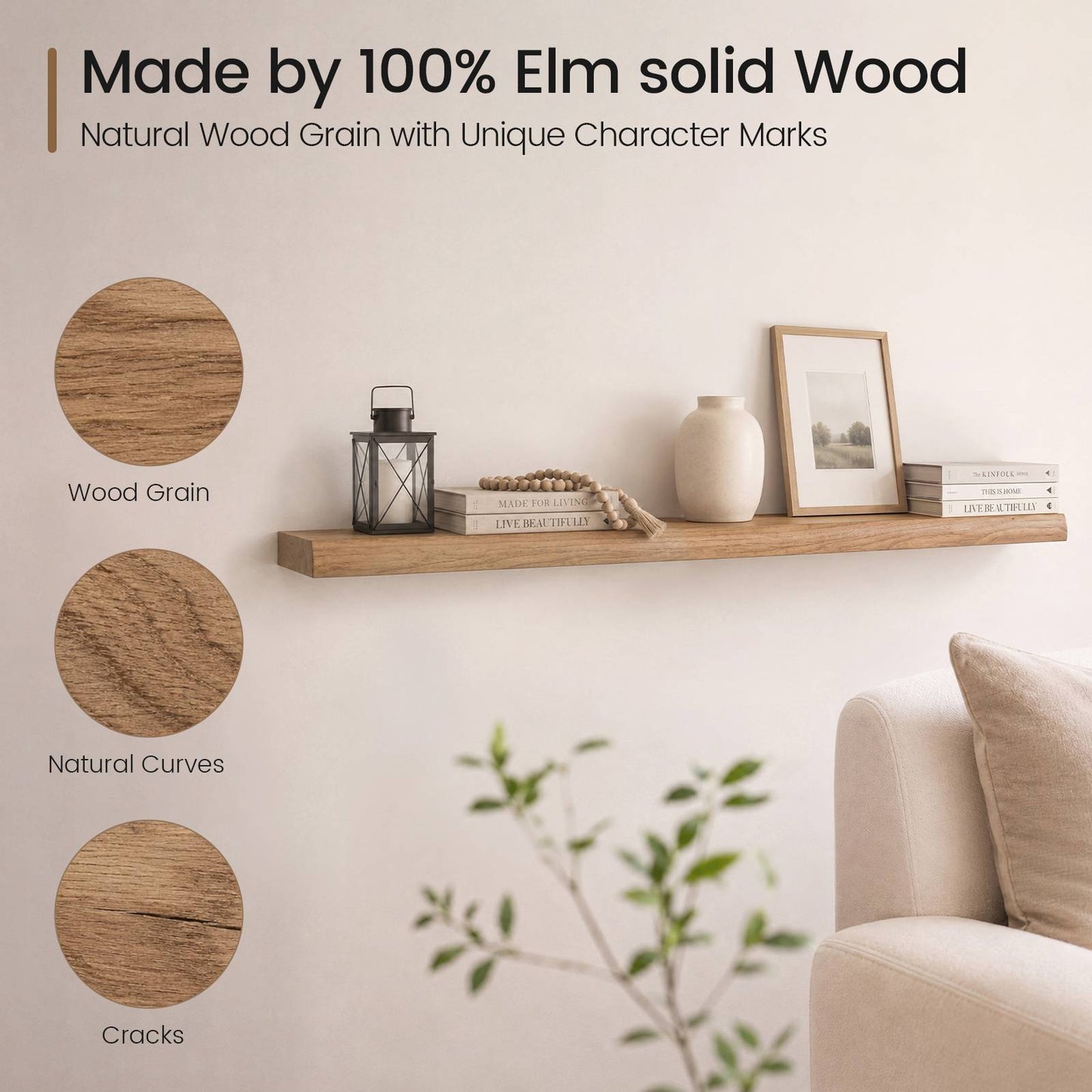SUCSSRICH | 48 Inch Solid Wood Floating Shelves, Natural Wall Shelves for Living Room
