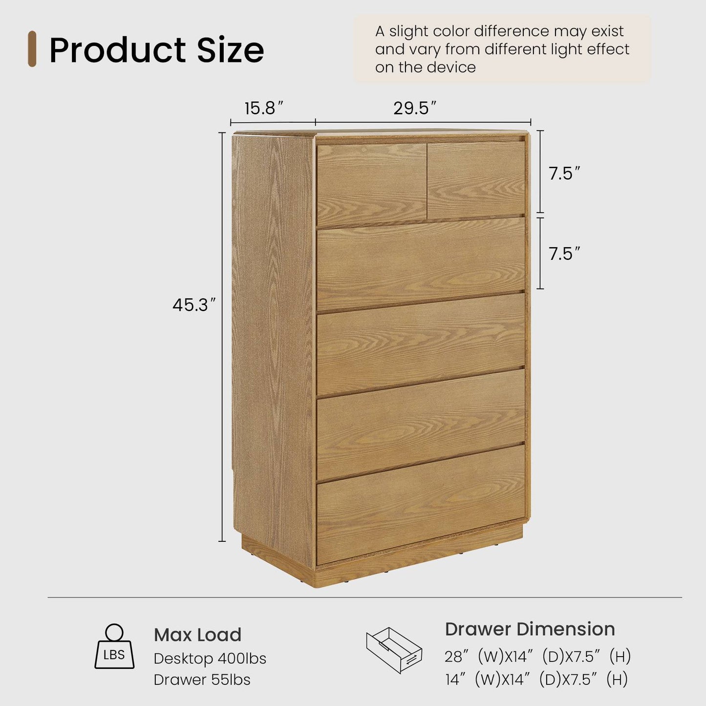 SUCSSRICH | 29.5" Inch Solid Wood 6 Drawer Dresser, Natural Wood Tall Chest of Drawers with Spacious Storage