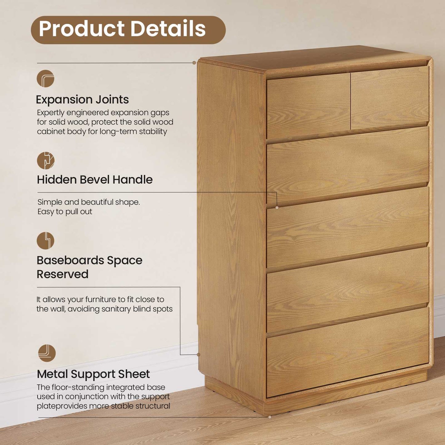 SUCSSRICH | 29.5" Inch Solid Wood 6 Drawer Dresser, Natural Wood Tall Chest of Drawers with Spacious Storage