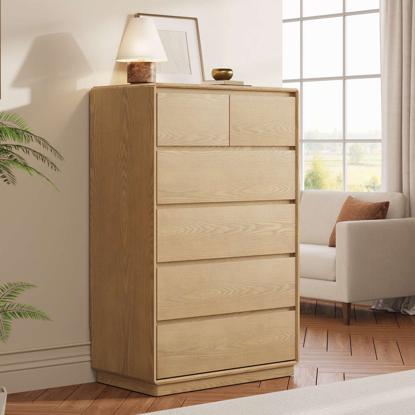 SUCSSRICH | 29.5" Inch Solid Wood 6 Drawer Dresser, Natural Wood Tall Chest of Drawers with Spacious Storage