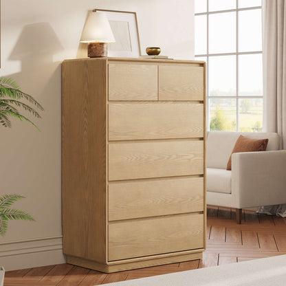 SUCSSRICH | 29.5" Inch Solid Wood 6 Drawer Dresser, Natural Wood Tall Chest of Drawers with Spacious Storage
