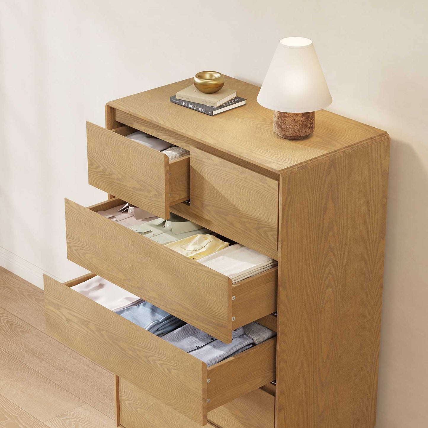 SUCSSRICH | 29.5" Inch Solid Wood 6 Drawer Dresser, Natural Wood Tall Chest of Drawers with Spacious Storage