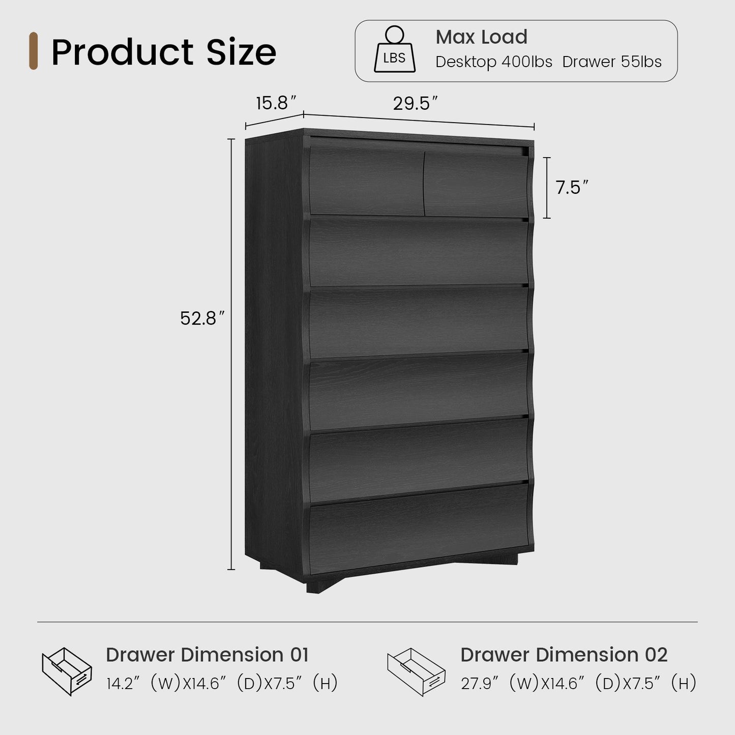 SUCSSRICH | 52.8" Tall 7/8-Drawer Dresser for Bedroom – Wood Chest of Drawers, Vertical Storage Organizer for Closet & Hallway – Black