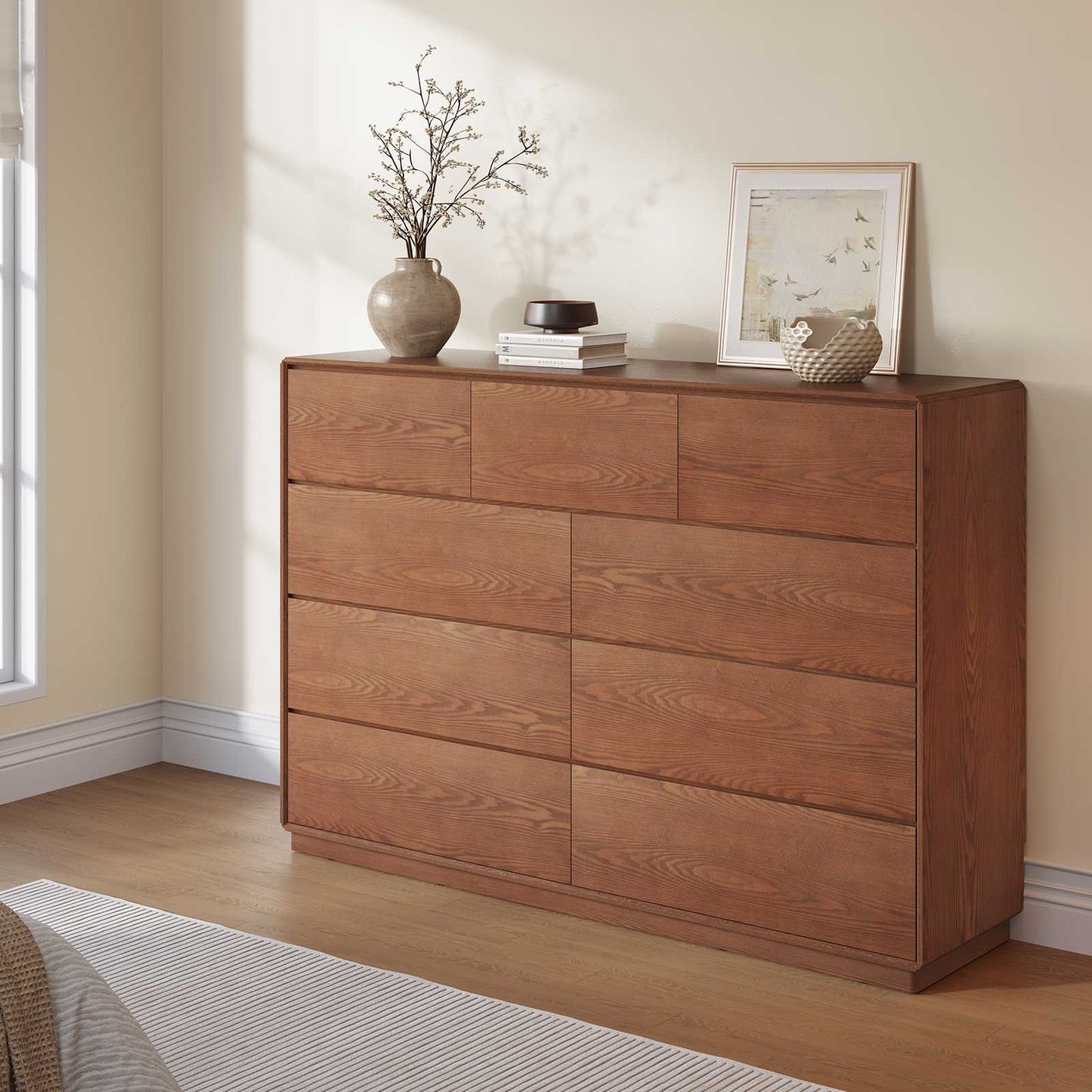 SUCSSRICH 55.2 Inch Solid Wood Dresser with 6/9 Drawers Natural Solid Wood Wide Dresser for Living Room Bedroom