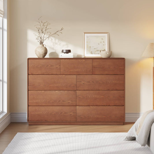 SUCSSRICH 55.2-62 Inch Solid Wood Dresser with 6/9 Drawers Natural Solid Wood Wide Dresser for Living Room Bedroom