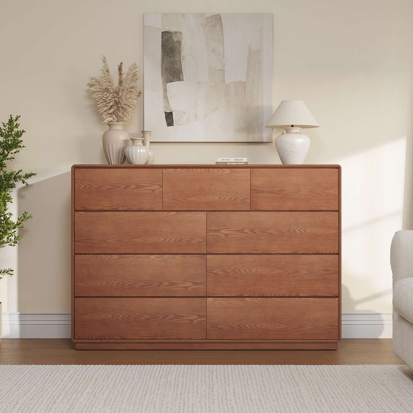SUCSSRICH 55.2 Inch Solid Wood Dresser with 6/9 Drawers Natural Solid Wood Wide Dresser for Living Room Bedroom