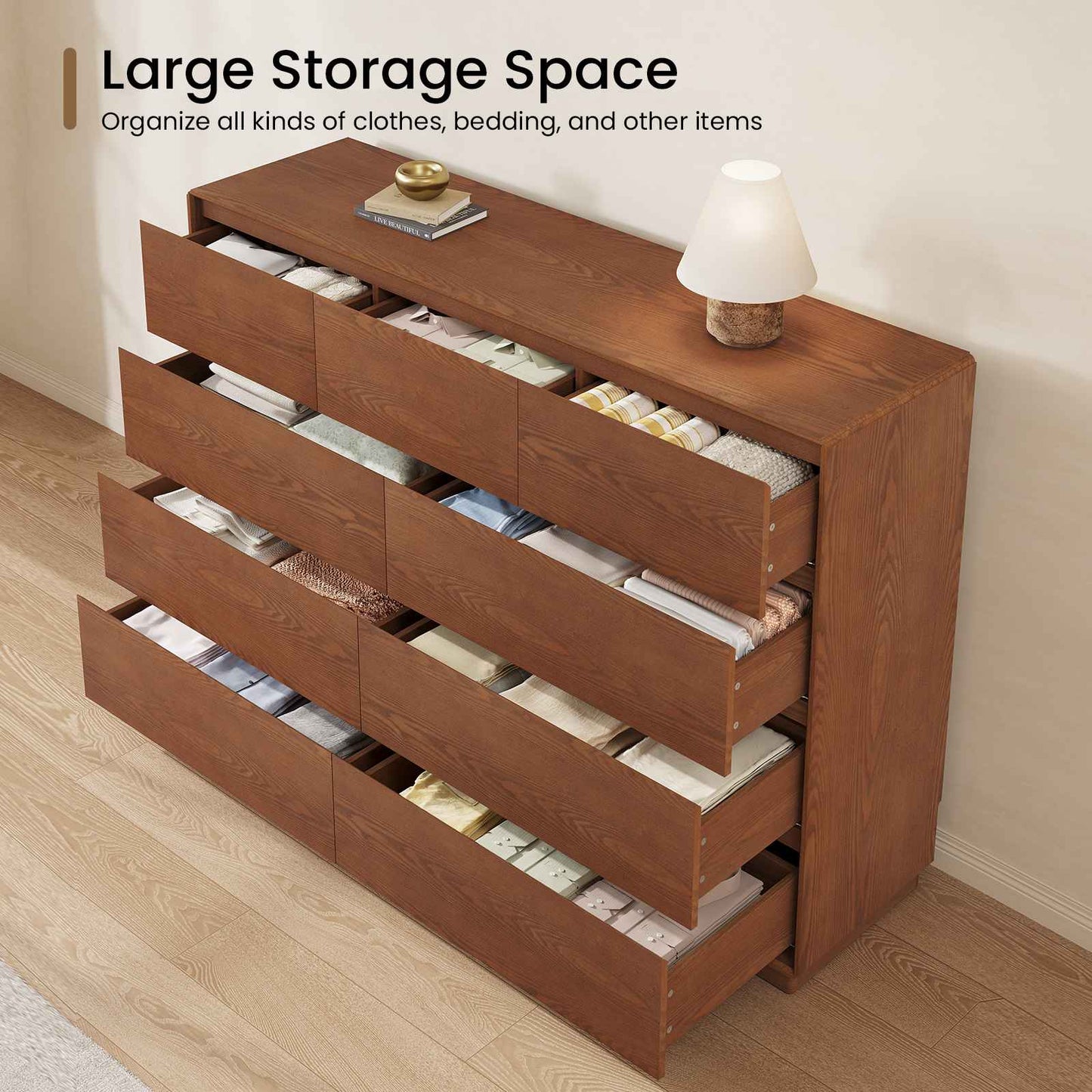 SUCSSRICH 55.2 Inch Solid Wood Dresser with 6/9 Drawers Natural Solid Wood Wide Dresser for Living Room Bedroom