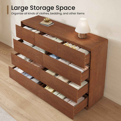 SUCSSRICH 55.2 Inch Solid Wood Dresser with 6/9 Drawers Natural Solid Wood Wide Dresser for Living Room Bedroom