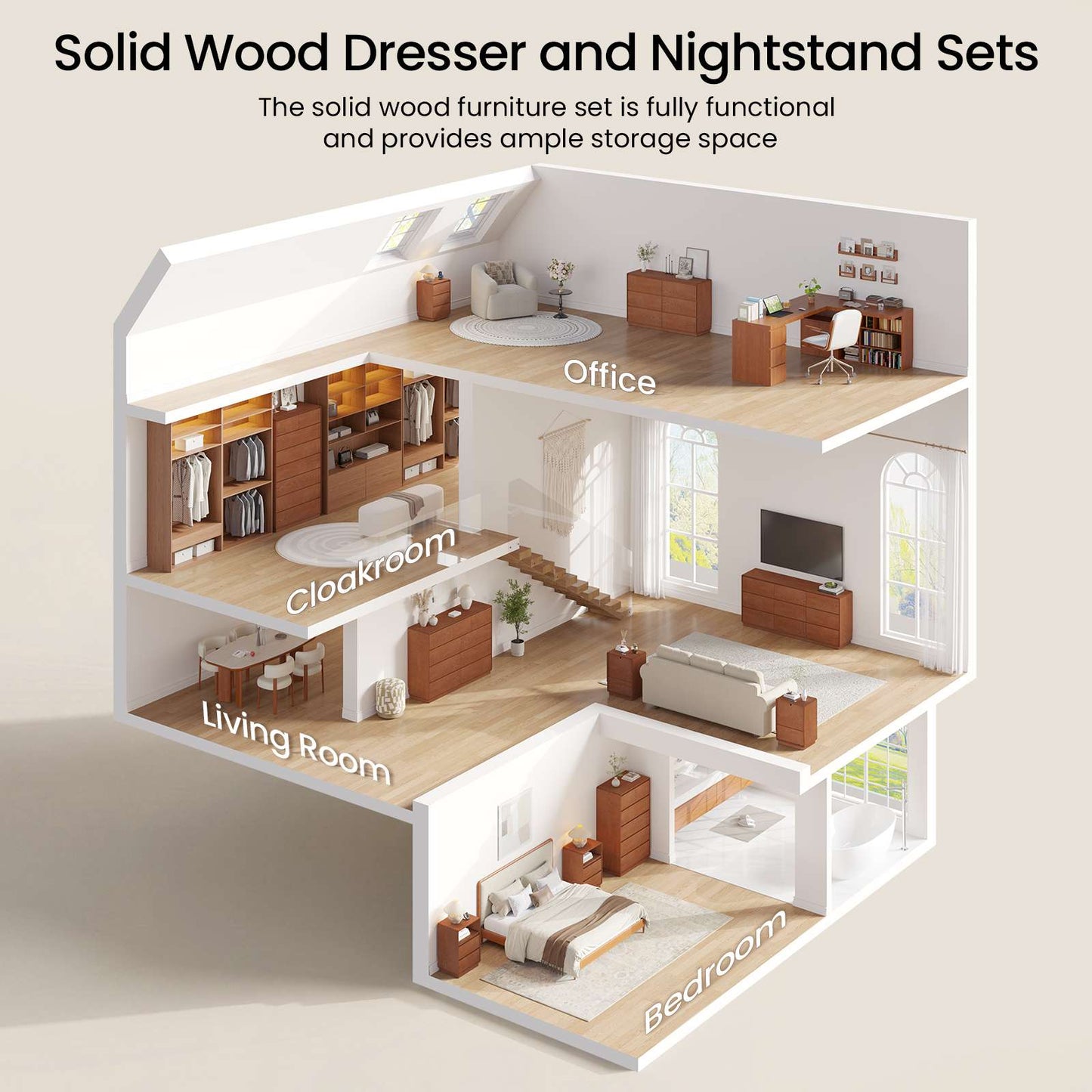 SUCSSRICH 55.2 Inch Solid Wood Dresser with 6/9 Drawers Natural Solid Wood Wide Dresser for Living Room Bedroom