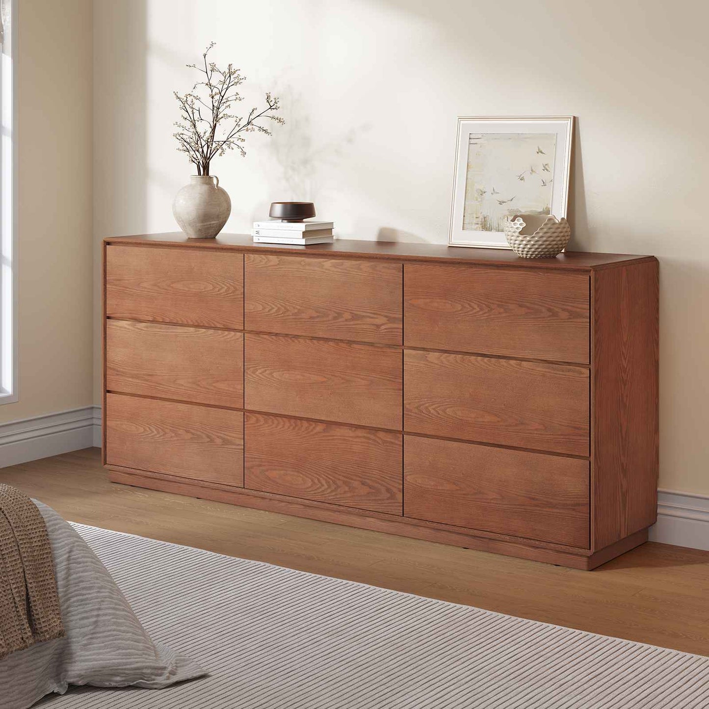 SUCSSRICH 55.2 Inch Solid Wood Dresser with 6/9 Drawers Natural Solid Wood Wide Dresser for Living Room Bedroom