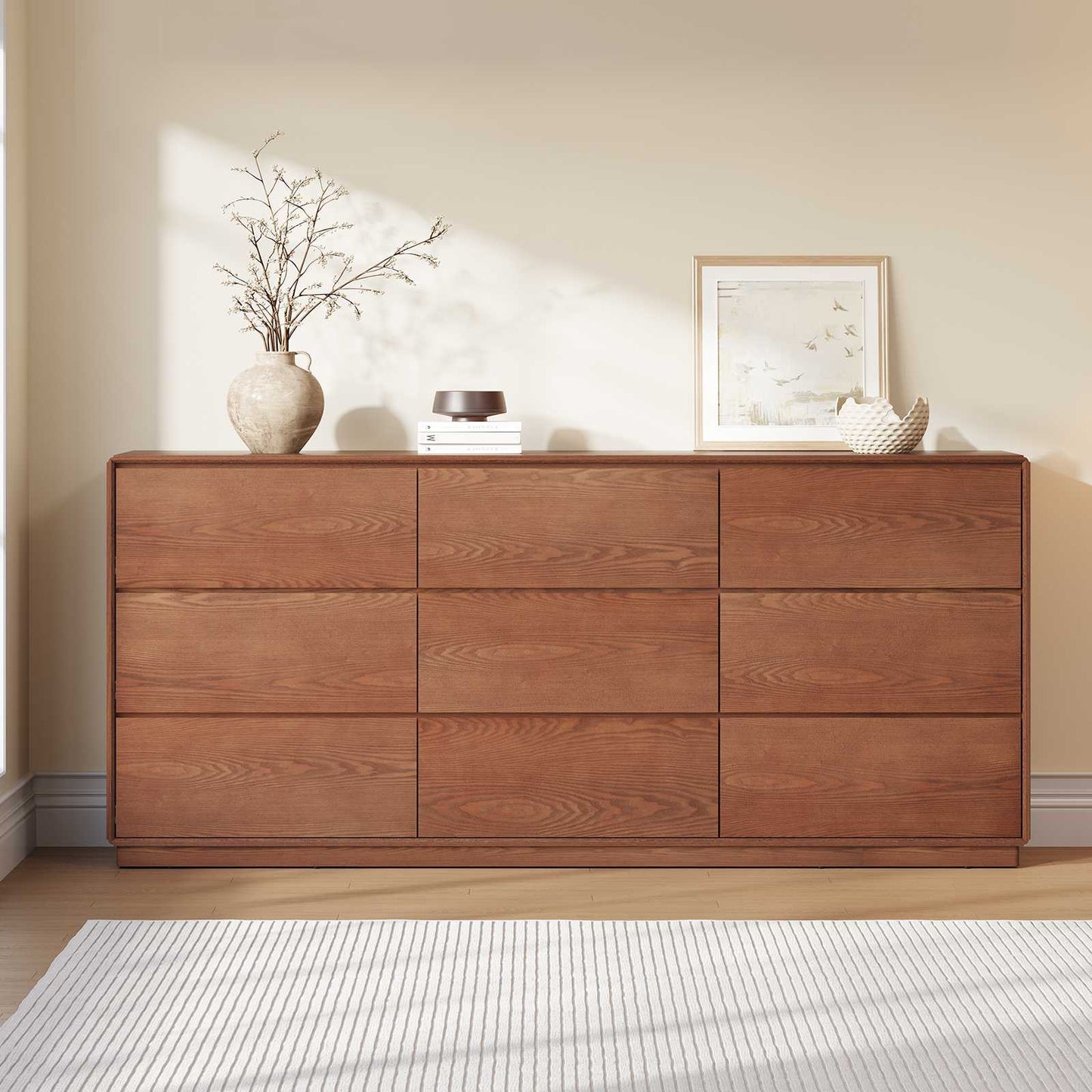 SUCSSRICH 55.2 Inch Solid Wood Dresser with 6/9 Drawers Natural Solid Wood Wide Dresser for Living Room Bedroom