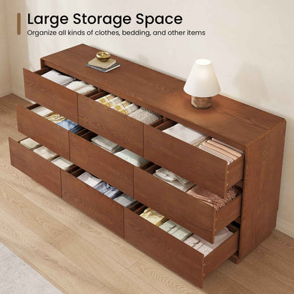 SUCSSRICH 55.2 Inch Solid Wood Dresser with 6/9 Drawers Natural Solid Wood Wide Dresser for Living Room Bedroom