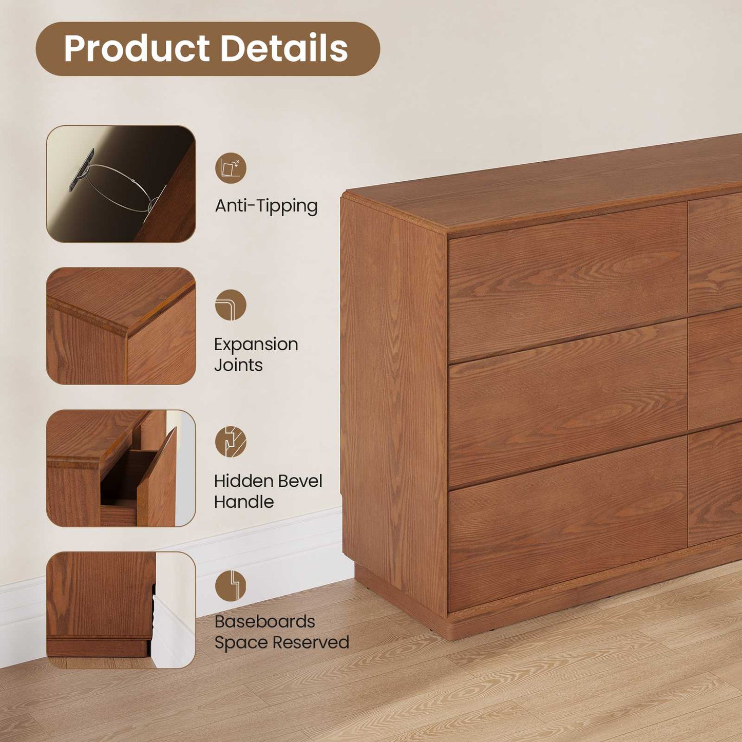 SUCSSRICH 55.2 Inch Solid Wood Dresser with 6/9 Drawers Natural Solid Wood Wide Dresser for Living Room Bedroom