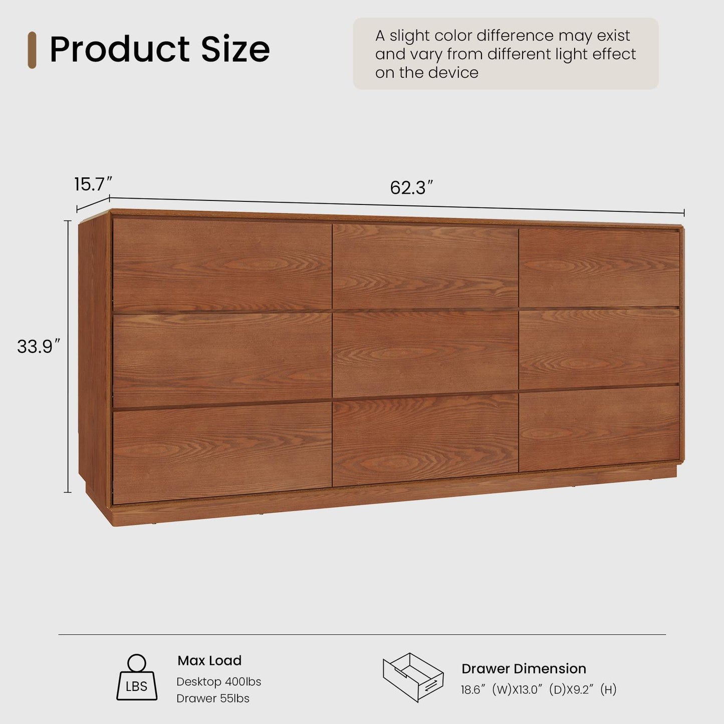 SUCSSRICH 55.2 Inch Solid Wood Dresser with 6/9 Drawers Natural Solid Wood Wide Dresser for Living Room Bedroom