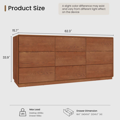 SUCSSRICH 55.2 Inch Solid Wood Dresser with 6/9 Drawers Natural Solid Wood Wide Dresser for Living Room Bedroom