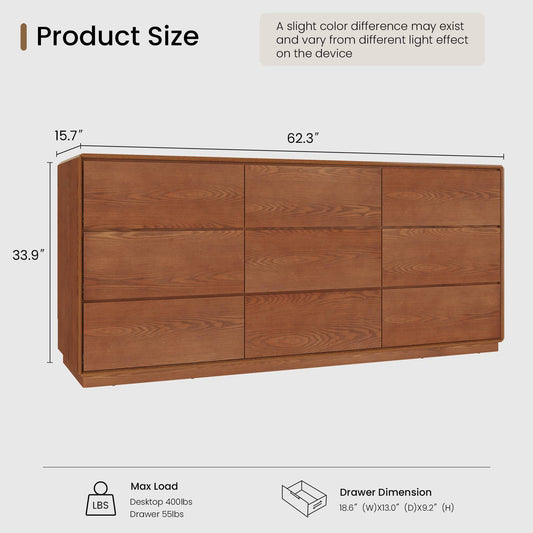 SUCSSRICH | 62-55.2 Inch Solid Wood  6/9 Drawers Dresser, Mid Century Modern Wide Dresser for Bedroom, 3 Column Wooden Chest of Drawers, Natural Finish