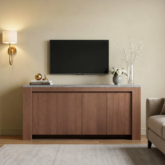 SUCSSRICH 63-Inch Modern Buffet Cabinet with Storage, Faux Marble Top, 4 Doors for Living Room & Dining Room (Walnut)