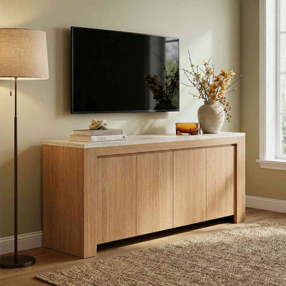 SUCSSRICH | 63-Inch Buffet Cabinet with Storage, Faux Marble Top, 4-Door Sideboard (Natural Oak)