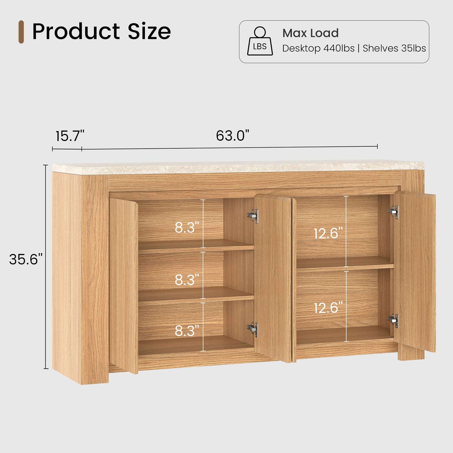 SUCSSRICH | 63-Inch Buffet Cabinet with Storage, Faux Marble Top, 4-Door Sideboard (Natural Oak)