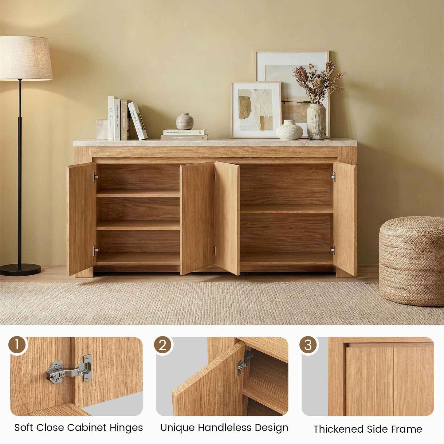 SUCSSRICH | 63-Inch Buffet Cabinet with Storage, Faux Marble Top, 4-Door Sideboard (Natural Oak)