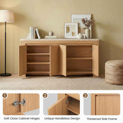 SUCSSRICH | 63-Inch Buffet Cabinet with Storage, Faux Marble Top, 4-Door Sideboard (Natural Oak)
