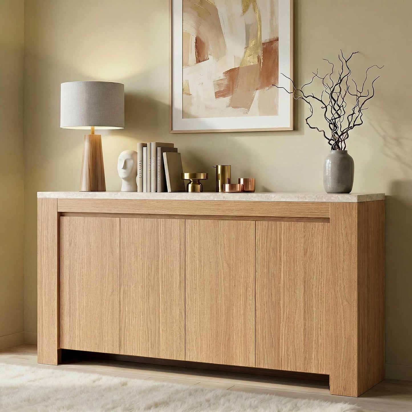 SUCSSRICH | 63-Inch Buffet Cabinet with Storage, Faux Marble Top, 4-Door Sideboard (Natural Oak)