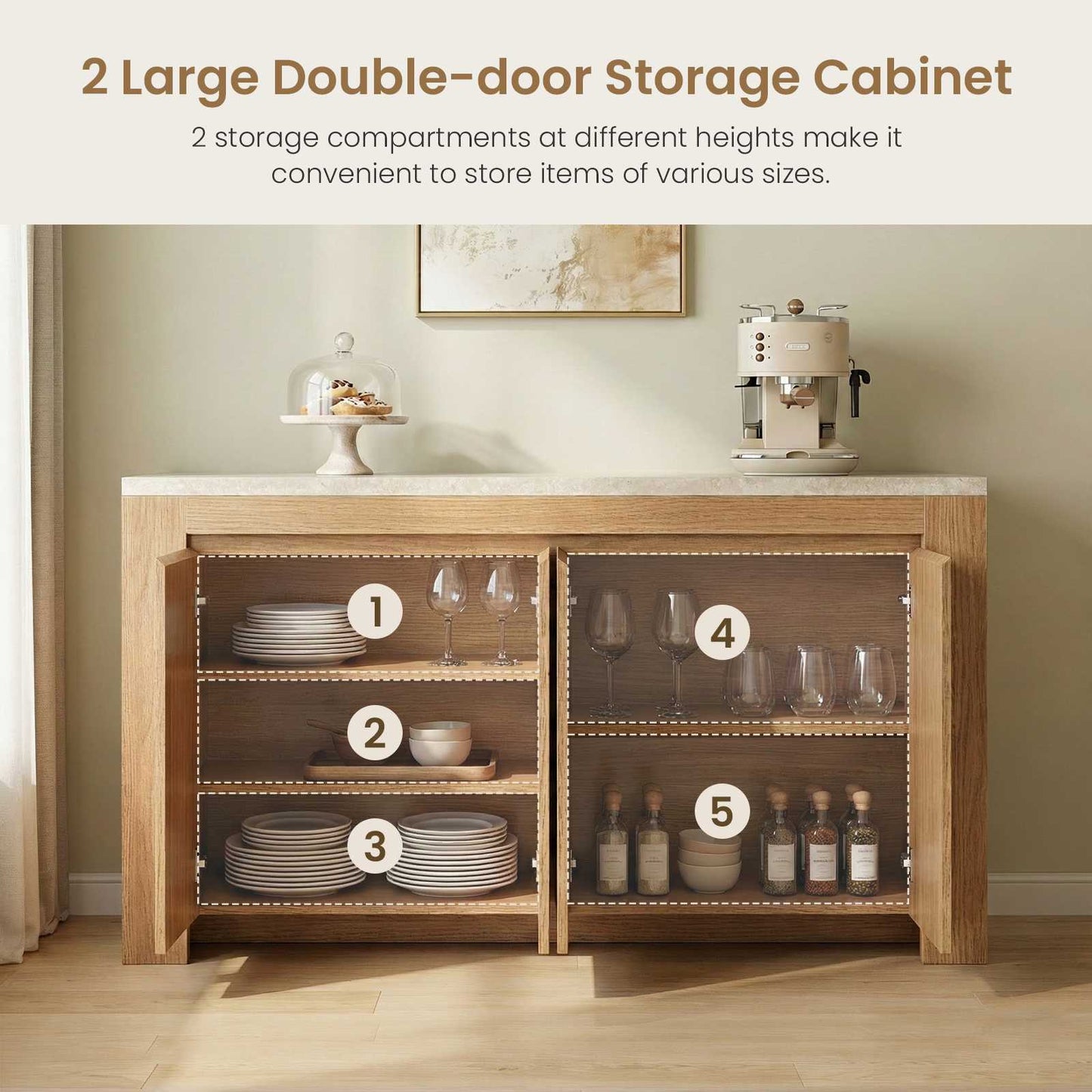 SUCSSRICH | 63-Inch Buffet Cabinet with Storage, Faux Marble Top, 4-Door Sideboard (Natural Oak)