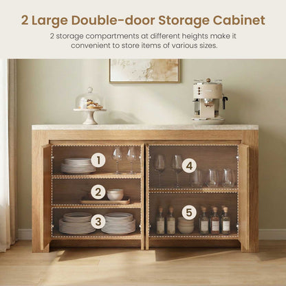 SUCSSRICH | 63-Inch Buffet Cabinet with Storage, Faux Marble Top, 4-Door Sideboard (Natural Oak)
