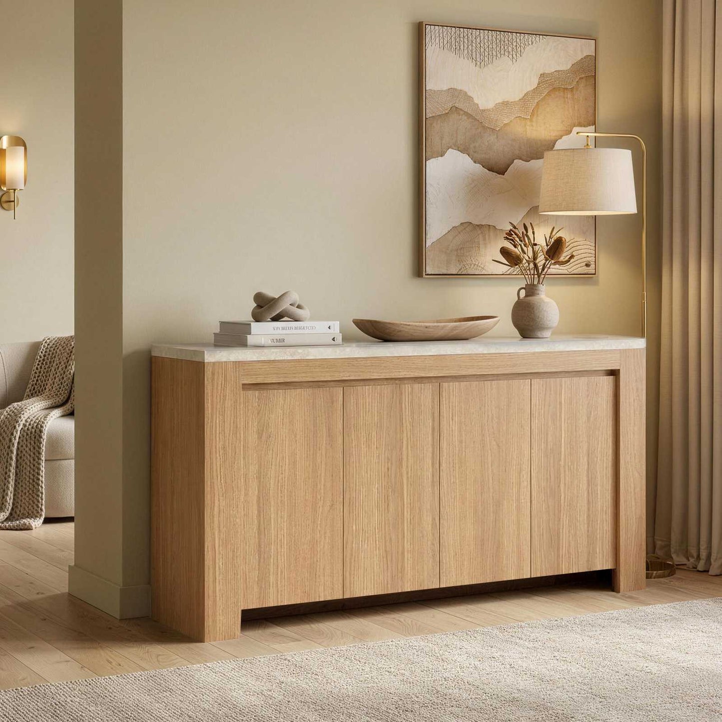 SUCSSRICH | 63-Inch Buffet Cabinet with Storage, Faux Marble Top, 4-Door Sideboard (Natural Oak)