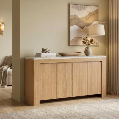 SUCSSRICH | 63-Inch Buffet Cabinet with Storage, Faux Marble Top, 4-Door Sideboard (Natural Oak)
