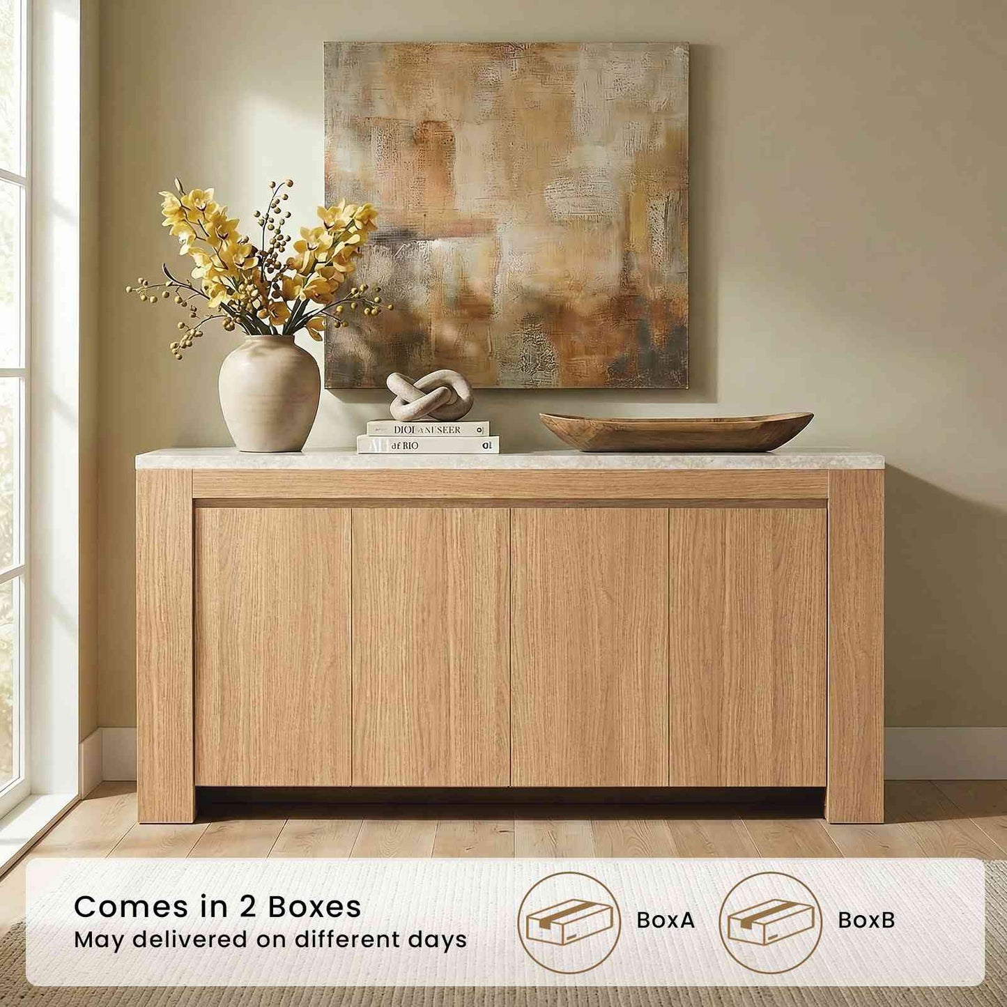 SUCSSRICH | 63-Inch Buffet Cabinet with Storage, Faux Marble Top, 4-Door Sideboard (Natural Oak)