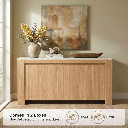 SUCSSRICH | 63-Inch Buffet Cabinet with Storage, Faux Marble Top, 4-Door Sideboard (Natural Oak)