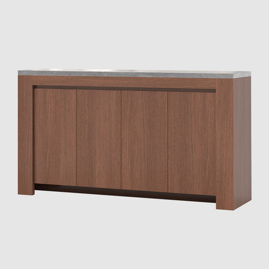 SUCSSRICH | 63" Buffet Cabinet with Storage – Sideboard with Faux Marble Top & 4 Doors, Modern Buffet Credenza for Living Room, Dining Room & Kitchen – Walnut