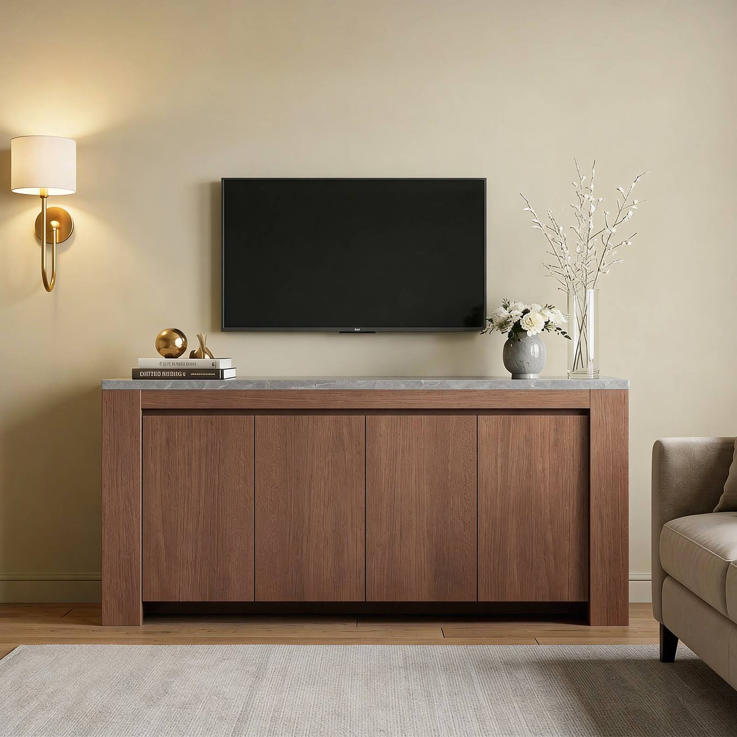 SUCSSRICH 63-Inch Modern Buffet Cabinet with Storage, Faux Marble Top, 4 Doors for Living Room & Dining Room (Walnut)