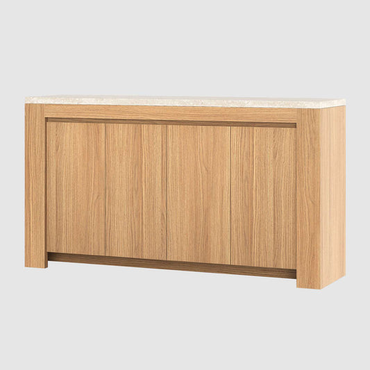 SUCSSRICH 63-Inch Buffet Cabinet with Storage, Faux Marble Top, 4-Door Sideboard (Natural Oak)