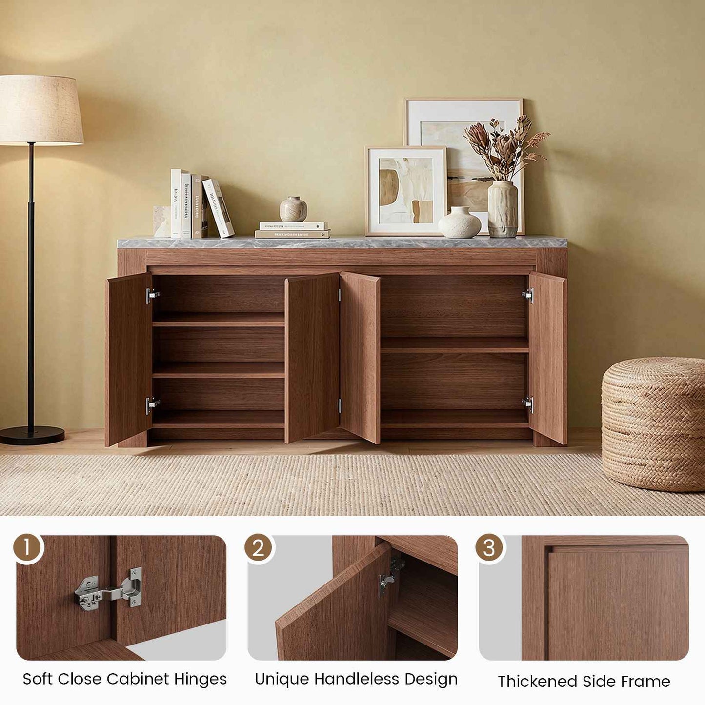 SUCSSRICH 63-Inch Modern Buffet Cabinet with Storage, Faux Marble Top, 4 Doors for Living Room & Dining Room (Walnut)