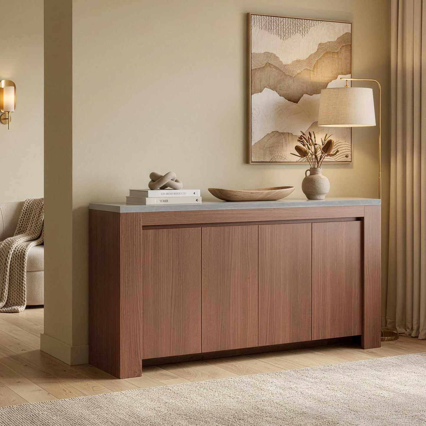 SUCSSRICH 63-Inch Modern Buffet Cabinet with Storage, Faux Marble Top, 4 Doors for Living Room & Dining Room (Walnut)