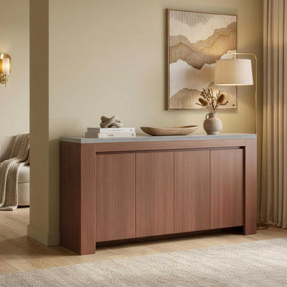 SUCSSRICH 63-Inch Modern Buffet Cabinet with Storage, Faux Marble Top, 4 Doors for Living Room & Dining Room (Walnut)