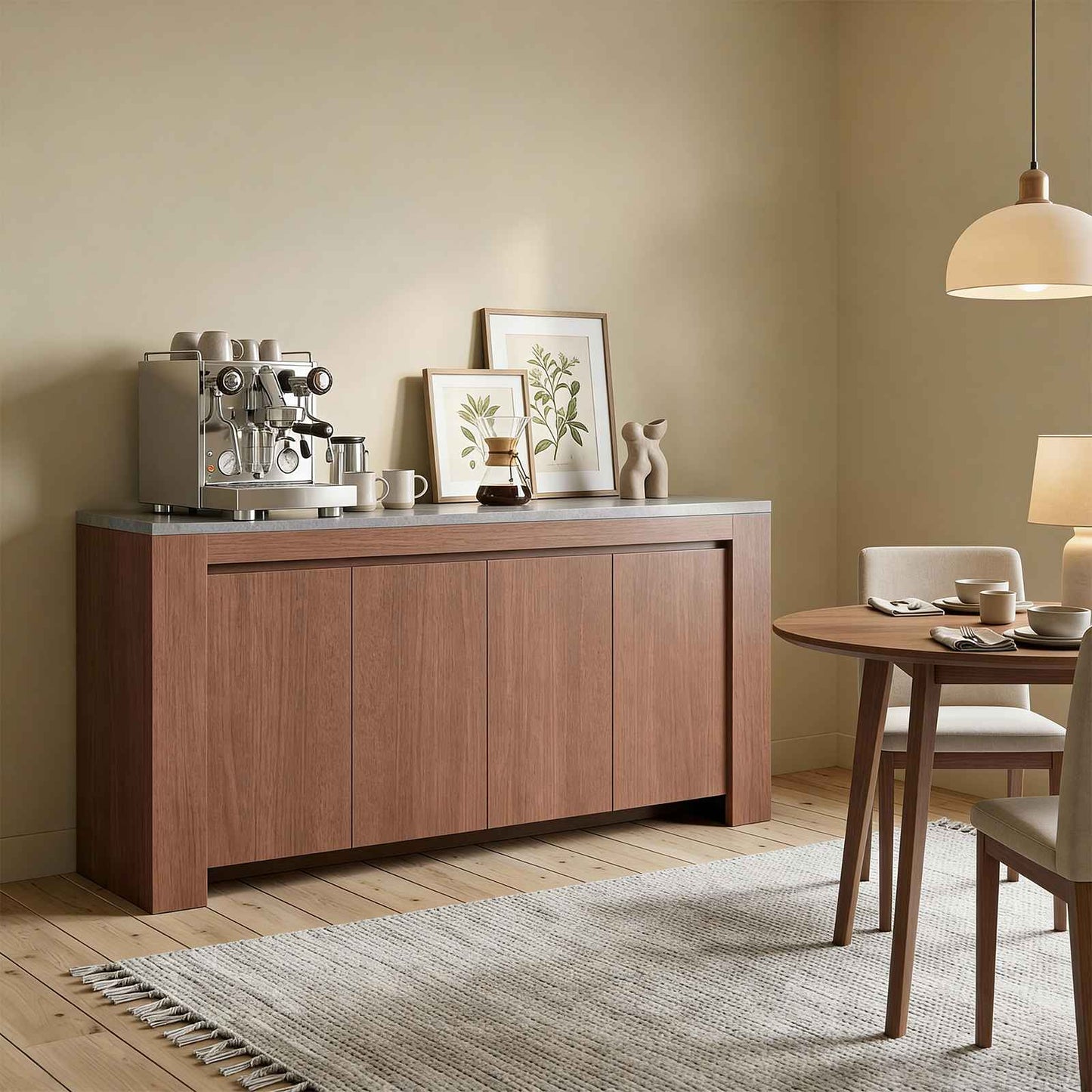 SUCSSRICH 63-Inch Modern Buffet Cabinet with Storage, Faux Marble Top, 4 Doors for Living Room & Dining Room (Walnut)