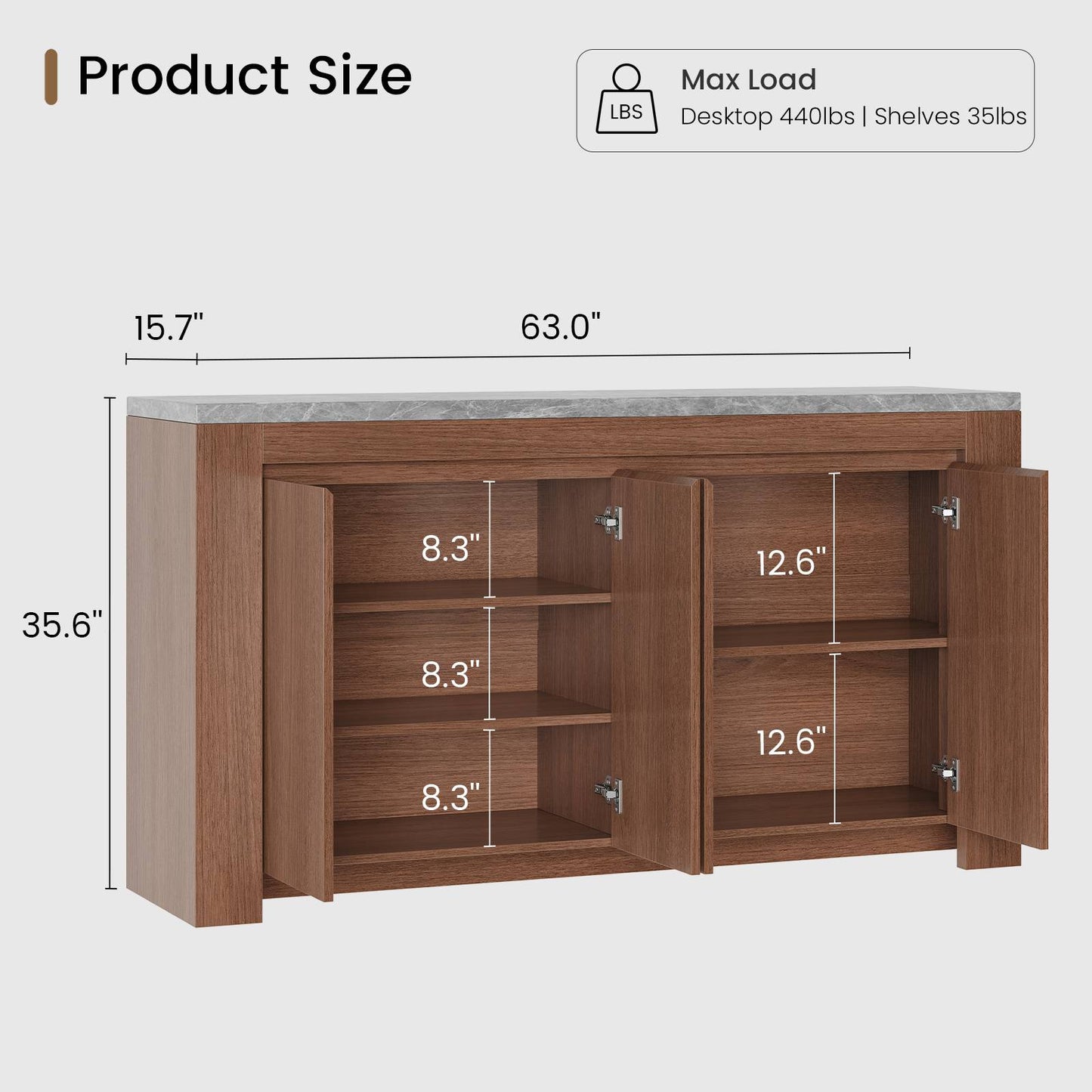 SUCSSRICH 63-Inch Modern Buffet Cabinet with Storage, Faux Marble Top, 4 Doors for Living Room & Dining Room (Walnut)