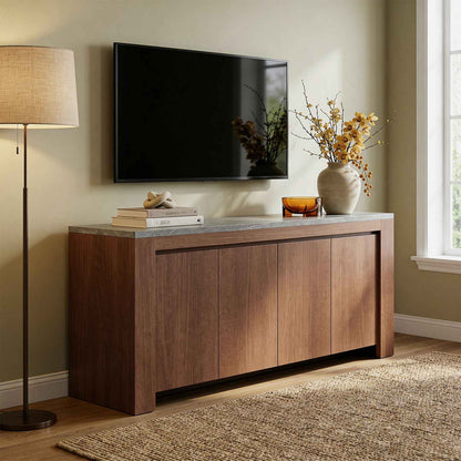 SUCSSRICH 63-Inch Modern Buffet Cabinet with Storage, Faux Marble Top, 4 Doors for Living Room & Dining Room (Walnut)